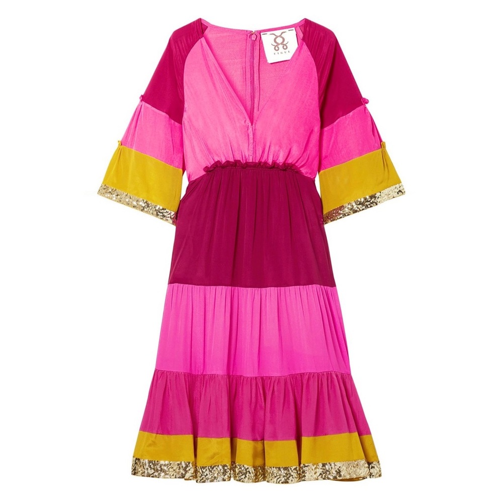 NWT Figue  Silk Crepe Colorblock Gold Sequin  Trim Midi Dress Bohemian Gypsy - Picture 6 of 16